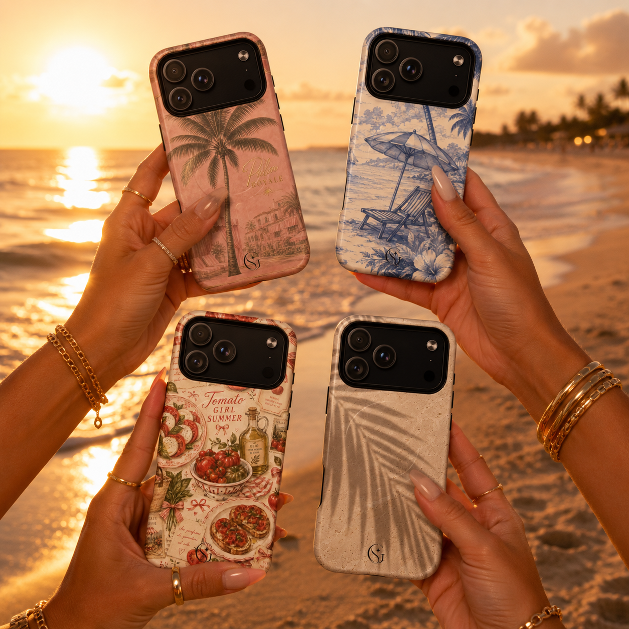 Four hands holding iPhone cases with beach-themed designs against a sunset beach background. The cases feature a pink palm tree print, a blue umbrella print, a red seafood print, and a beige palm leaf print, Glamsy Phone Cases